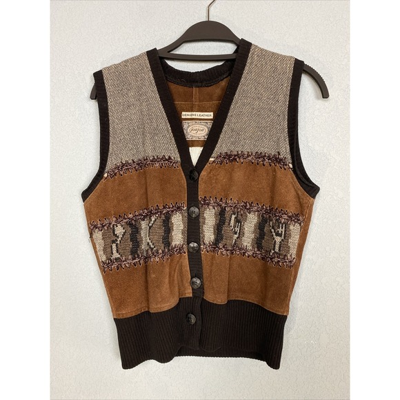 JouJou‎ Vest Womens Medium M Vintage Suede Knit Button Leather Cowgirl Western - Picture 1 of 6
